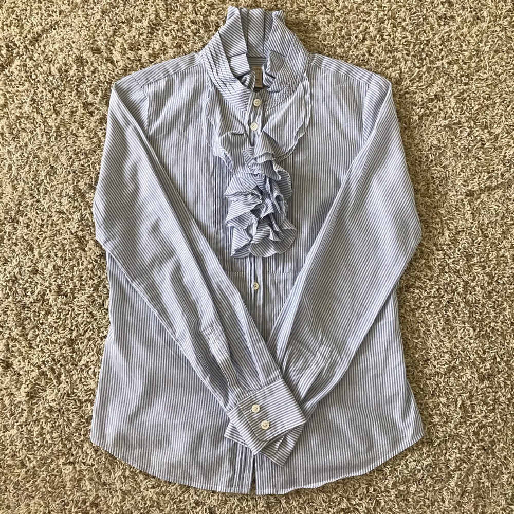 J. Crew Blue and White Striped Ruffle Button-Down Shirt